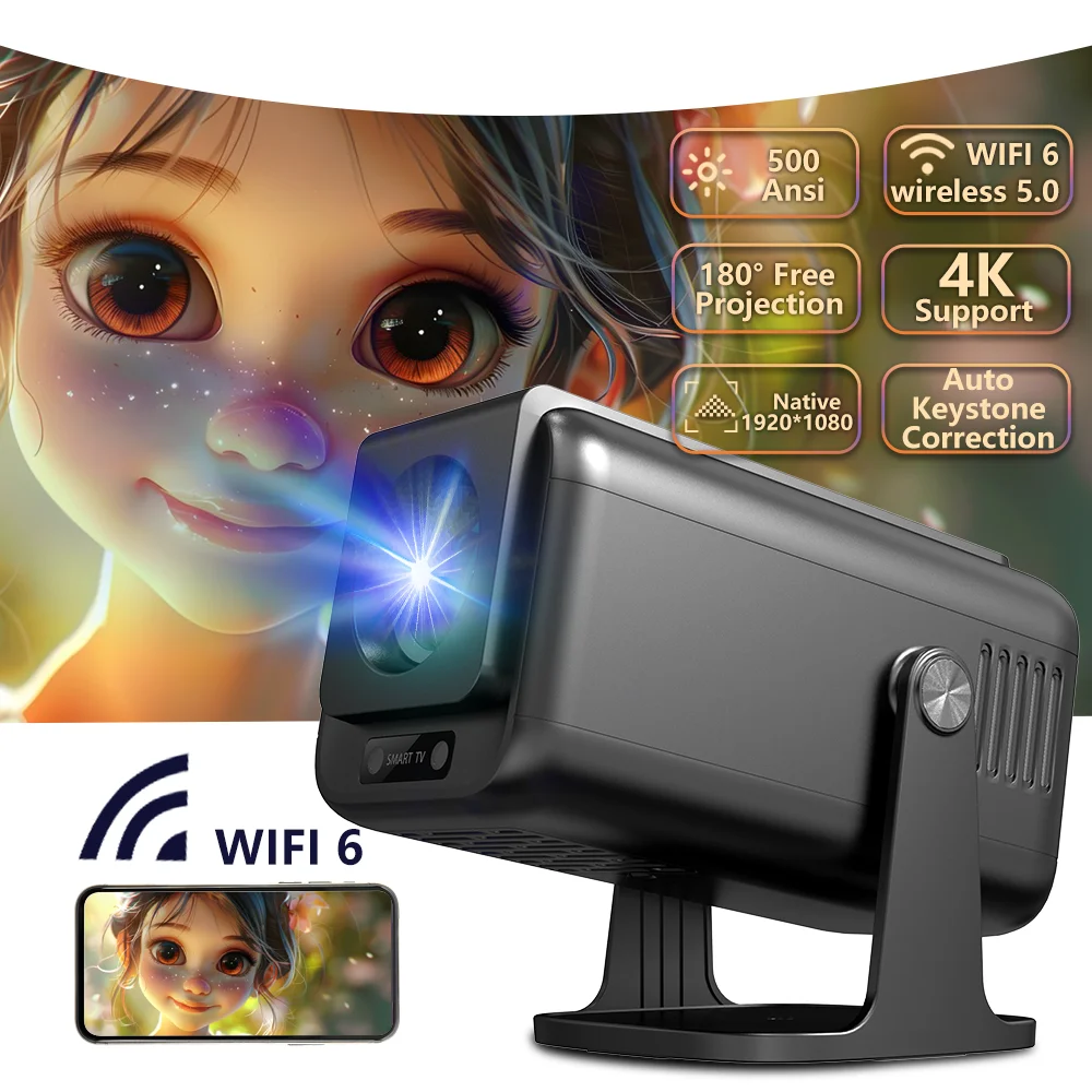 V1 Projector Android13 4K Native 1080P 500ansi Amlogic 950S Chip Wifi6 Dual Wifi BT 1920x1080P Home Cinema Portable Projector