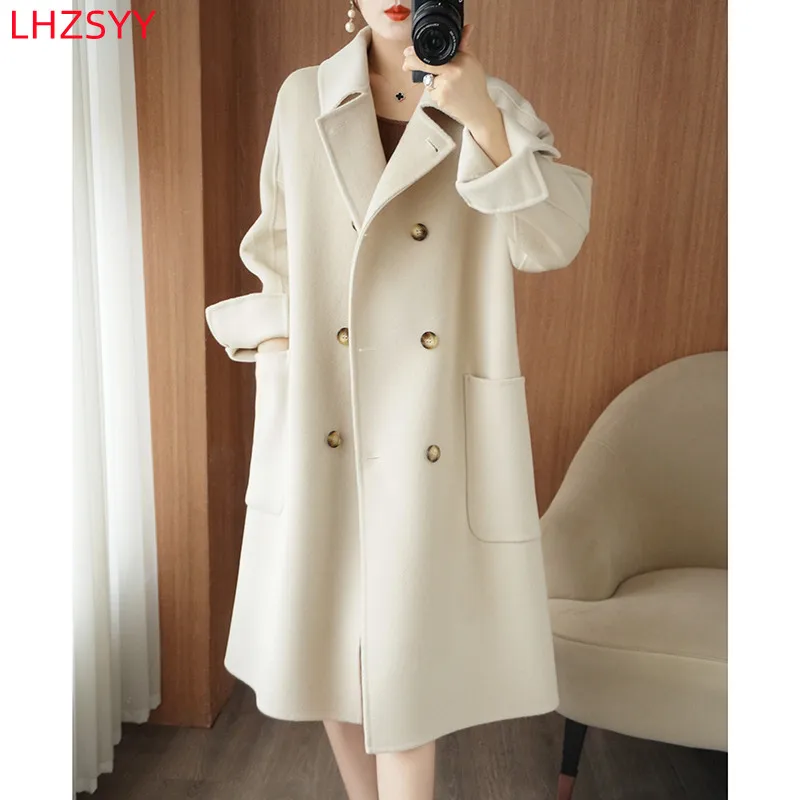 LHZSYY 여성용 양면 캐시미어 코트, 롱 재킷, 하이엔드 상의, 순수 울 가디건, 라지 사이즈 코트, 2022 가을 겨울 신상