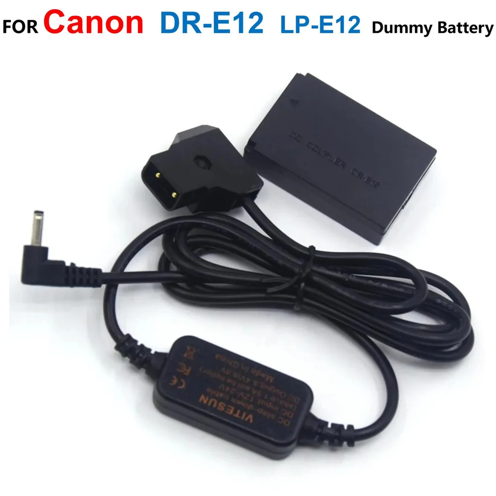 Dr-E12 Lp-E12 Batteria Fittizia + Ack-E12 Cavo Step-Down 12-24V A Adattatore Rubinetto D-Tap Per Canon Eos M M2 M10 M50 M100 M200