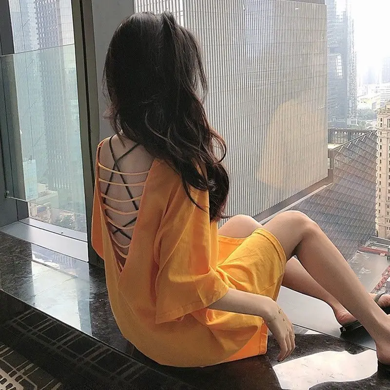 Short-sleeved T-shirt Women Mid-length Fashion Hollow Half-sleeve Heart Big Size Loose Thin Sexy Backless Fashion Brand summer