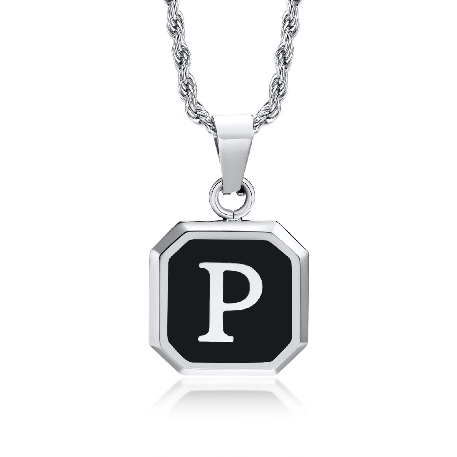 Initials Necklaces for Men Women,A-Z 26 Letters Black Square Stainless Steel Pen