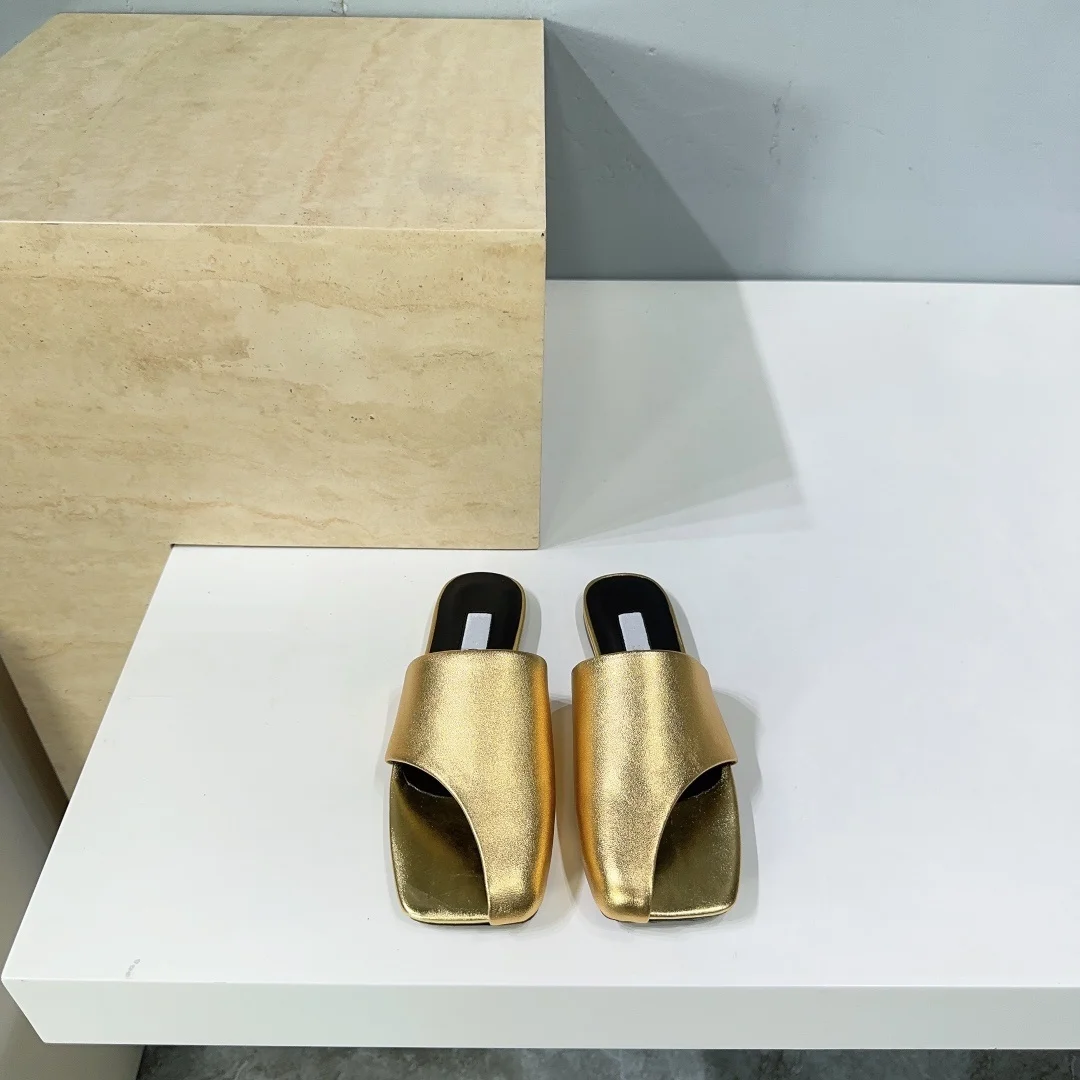 Women's shoes summer new minimalist style leather square head half pack side air fashionable slope heel flat bottom slippers