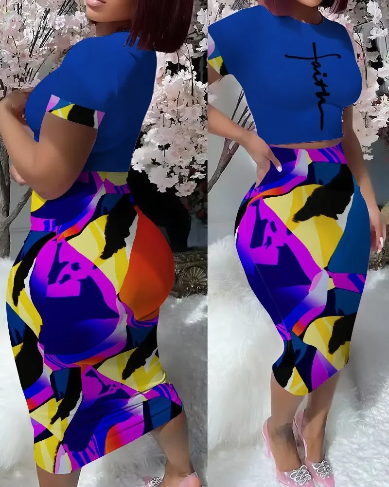 Summer Fashion Printing Two Piece Set Women Causal Sports Style Printing Tshirt Skirt Two Piece Set Women