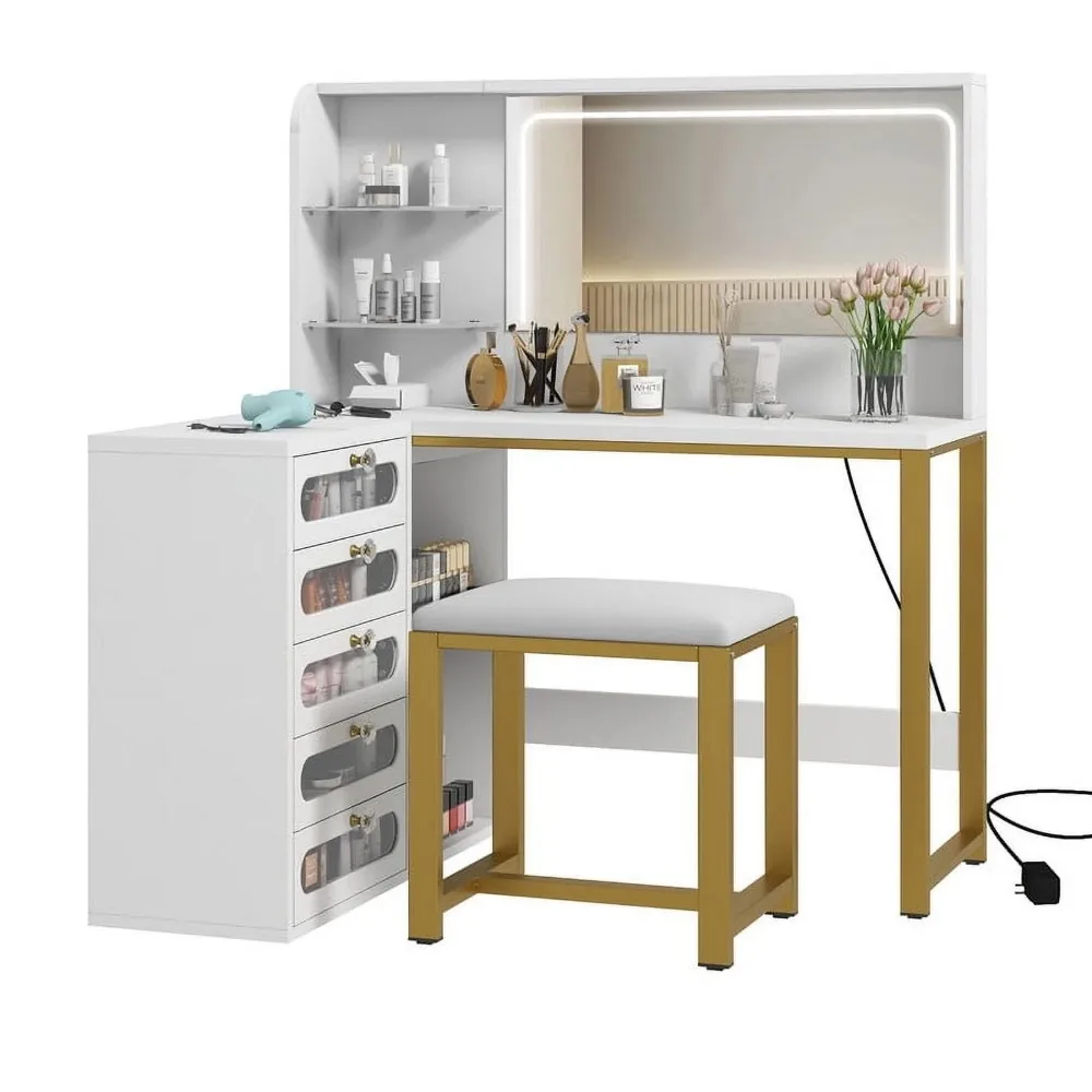 Makeup Vanity with Lighted Mirror, Modern Vanity Table Set with Stool, L Shaped Dressing Table with 5 Drawer, Makeup Vanities 6