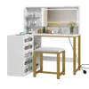 Makeup Vanity with Lighted Mirror, Modern Vanity Table Set with Stool, L Shaped Dressing Table with 5 Drawer, Makeup Vanities 6