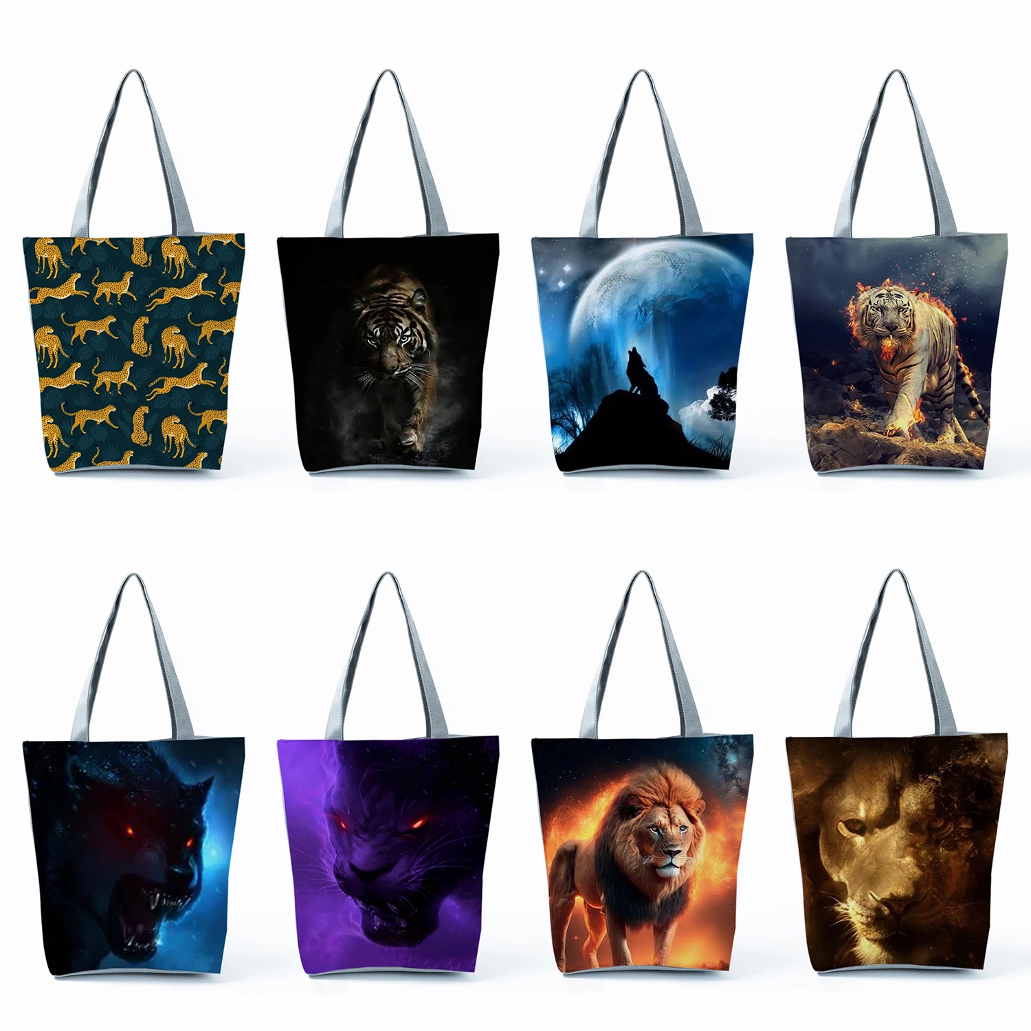 

Eco Reusable Shoulder Bag Foldable Groceries Shopping Bags High Capacity Women Travel Chic Cool Style Animal Tiger Iion Handbags