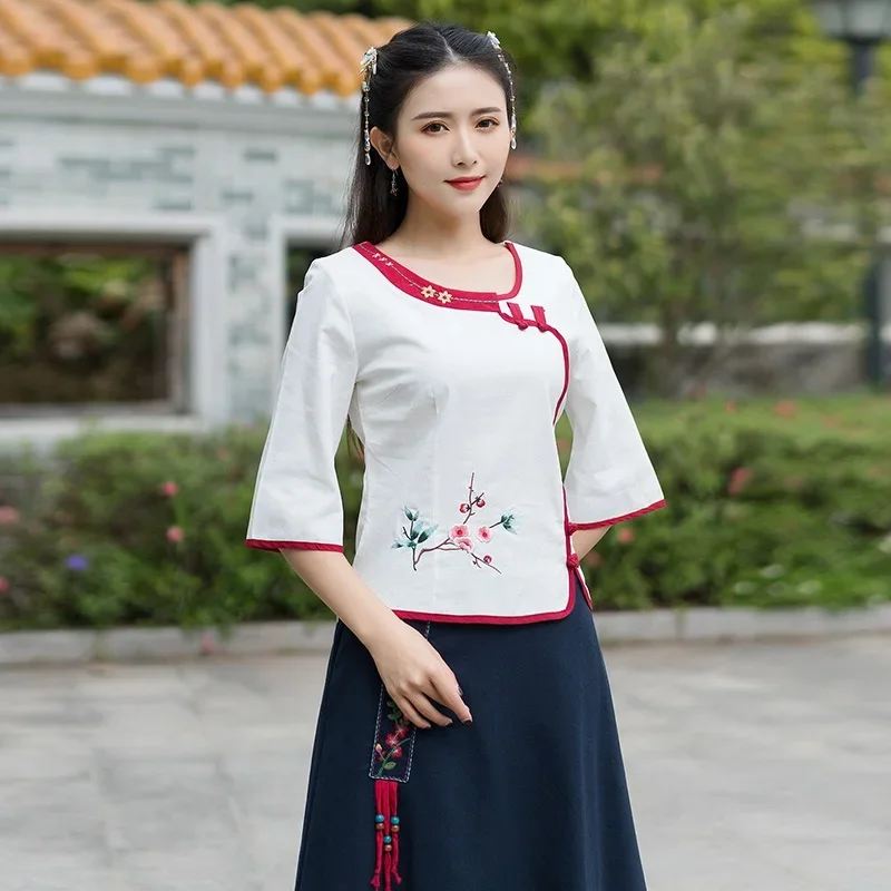 

Одежда в китайском стиле, женская рубашка Hanfu 2024, весна-осень, ретро, винтажная рубашка, этническая туника, чай, дзен, блузка, Женские китайские Топы 12305