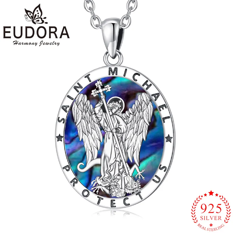 Amuleto Plata Medallón Hombre Mujer Collar De San Rafael De Plata De Ley 925 - Colgante Con Concha De Abulón, Amuleto Cristiano, Regalo Para Hombre/mujer, Cadena Ajustable Collar San Rafael Plata 925