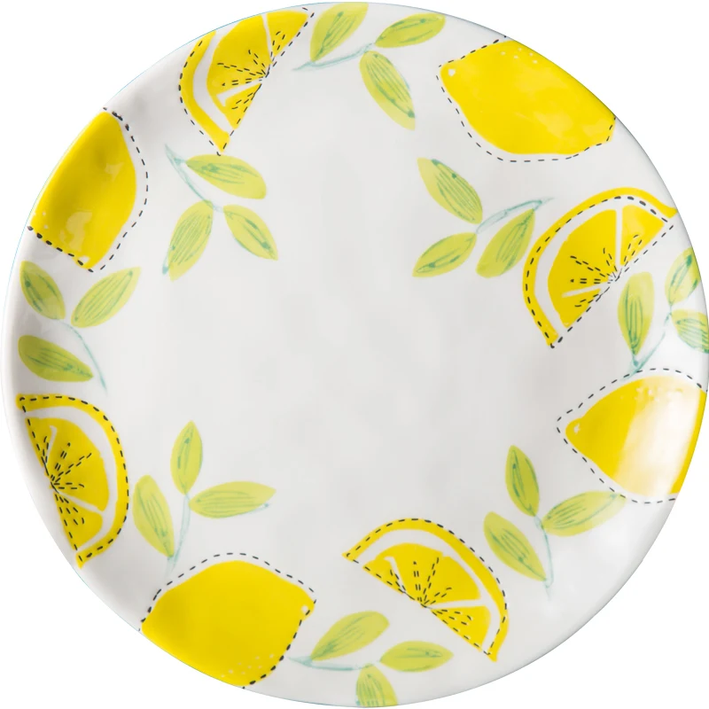 1pcs Ceramic Western Cuisine Plate Household Round Flat Plate Vegetable Dish Creative Lemon Tableware Underglaze Colour