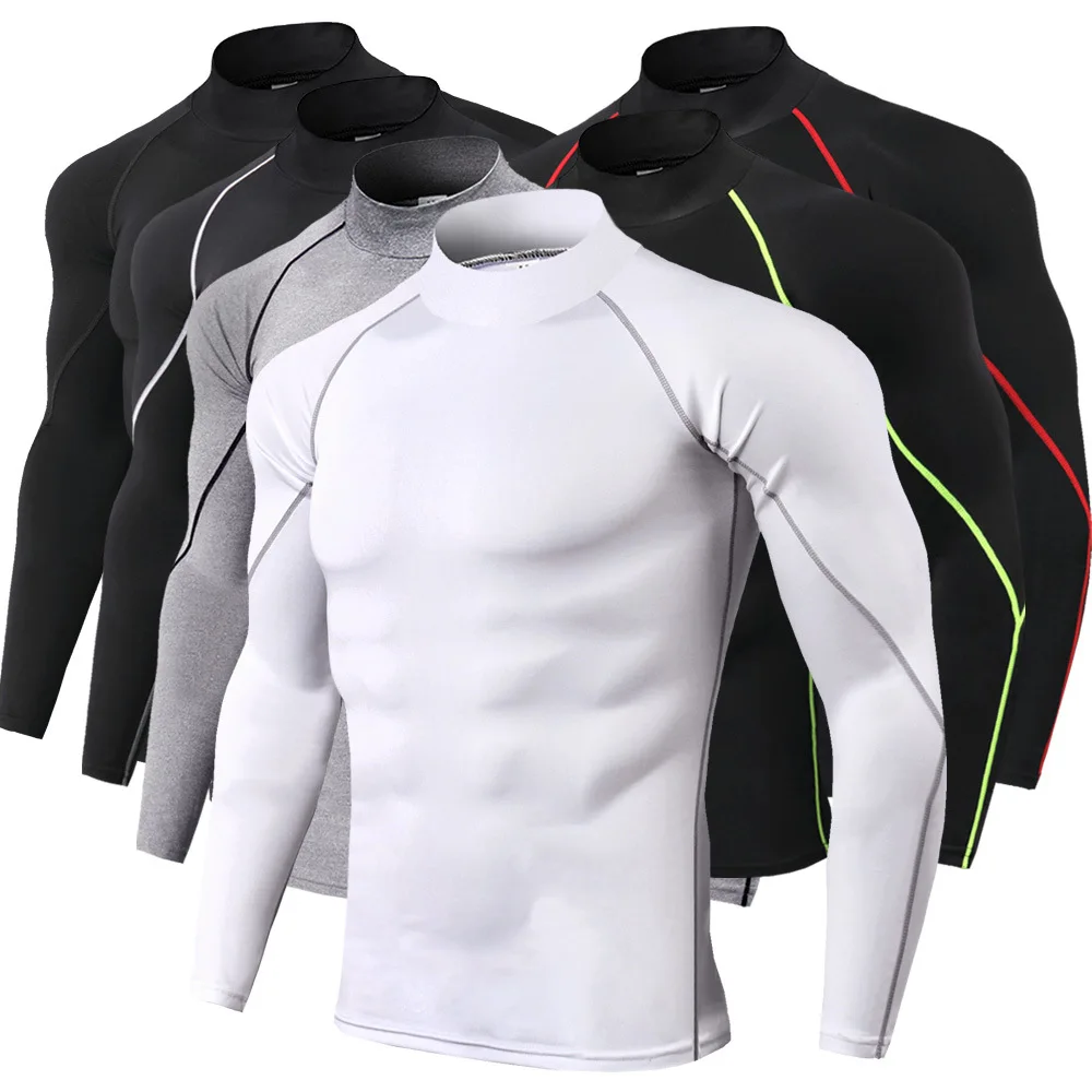 Compression Running Shirt Men Stand Collar Fitness Tops Breathable Bodybuilding Training Shirt Long Sleeve T-shirt Sports Tights 1