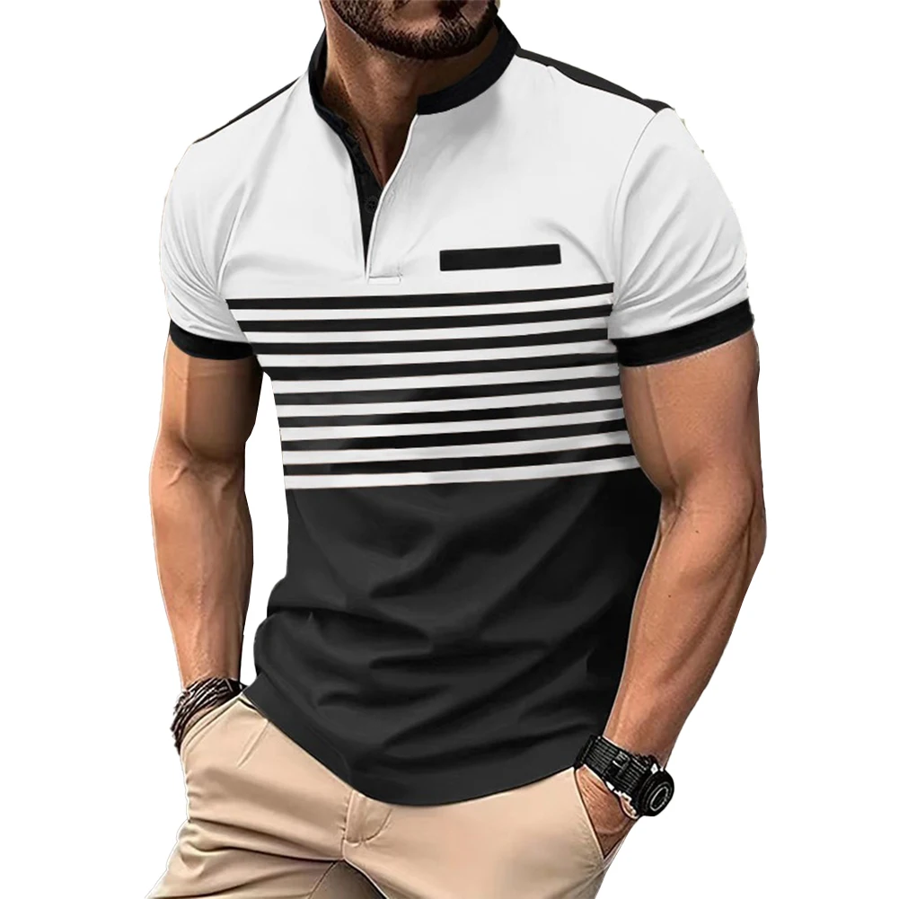 

Comfy Fashion Vacation Beach T Shirt Top Slight Stretch Striped Tee V Neck Casual Comfortable Male Short Sleeve