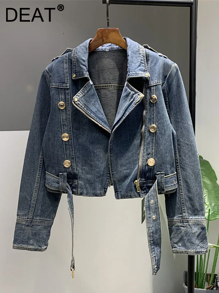 DEATWomensDenimCoatGoldButtonsBeltWaistDoubleBreastedBlue