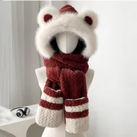 Cute Hat Scarf Gloves Set New Thickened Plush Warm Women Beanies Cap Ear Windproof Student Outdoor  Cycling Ear Protection Cap