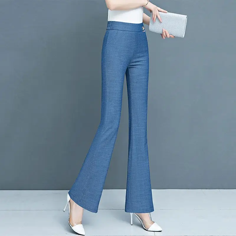 Simplicity Elegant Solid Women's Clothing Pocket Temperament Fashion Slim Casual Elastic Waist Spring Autumn Thin Flare Pants