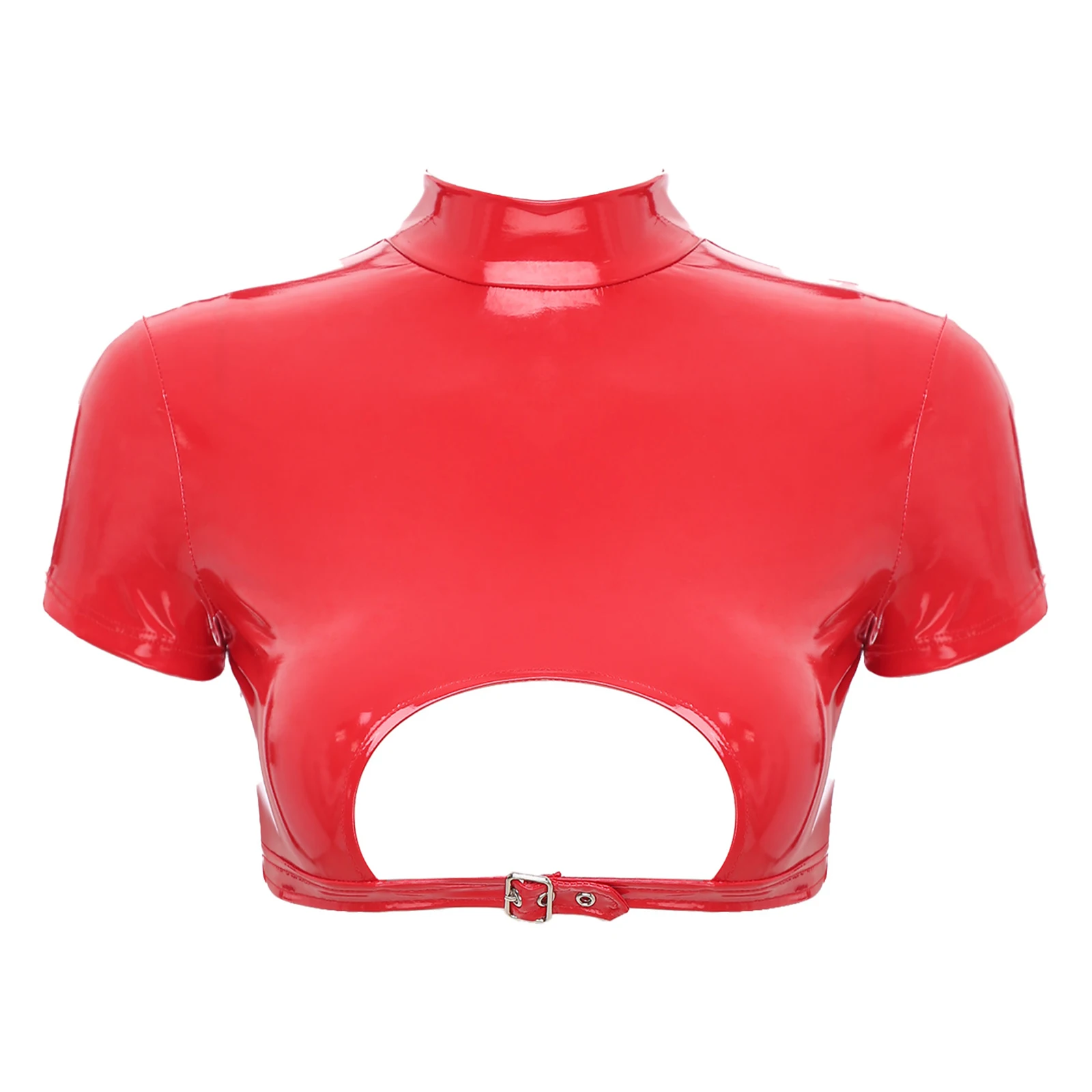 thumbnail image 1 of Top corto de mujer con cuello alto, manga corta, cremallera en la espalda, tops de discoteca, hebilla con corte pequeño, lencería ajustada, top corto para fiesta rave, 1 of 5