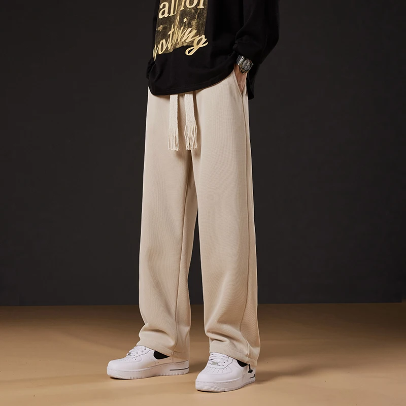 Men's Autumn Winter Solid Bandage Drawstring Elastic High Waisted Pockets Loose Casual Wide Leg Sports Trousers Vintage Pants