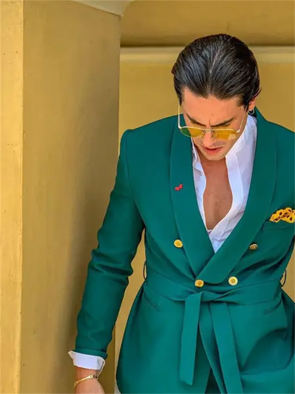 2 PCS Green Men Suits Slim Fit Double Breasted Shawl Lapel Formal Wedding Tuxedo Set  Traje Americana Hombre