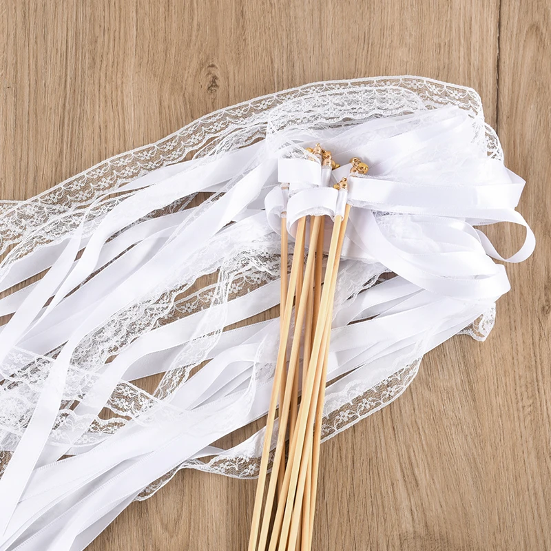 20/50Pcs White Ribbon Wands with Bells Wedding Favors Lace Streamers Fairy Stick Guest Cheering Props Birthday Party Decoration