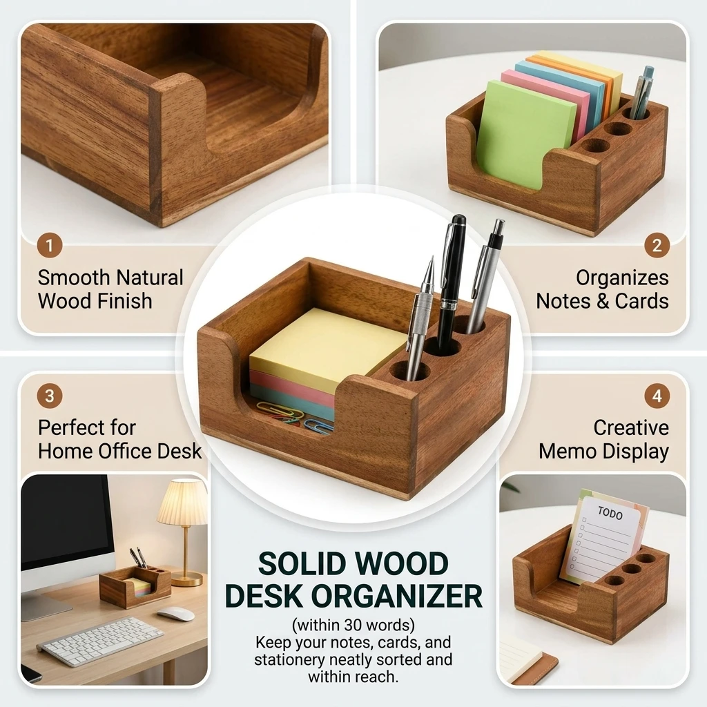 Organizer da Scrivania in Legno Massello con Superficie Liscia e Finitura Ecologica, Design con Scomparti Funzionali per Ufficio e Studenti - immagine 5