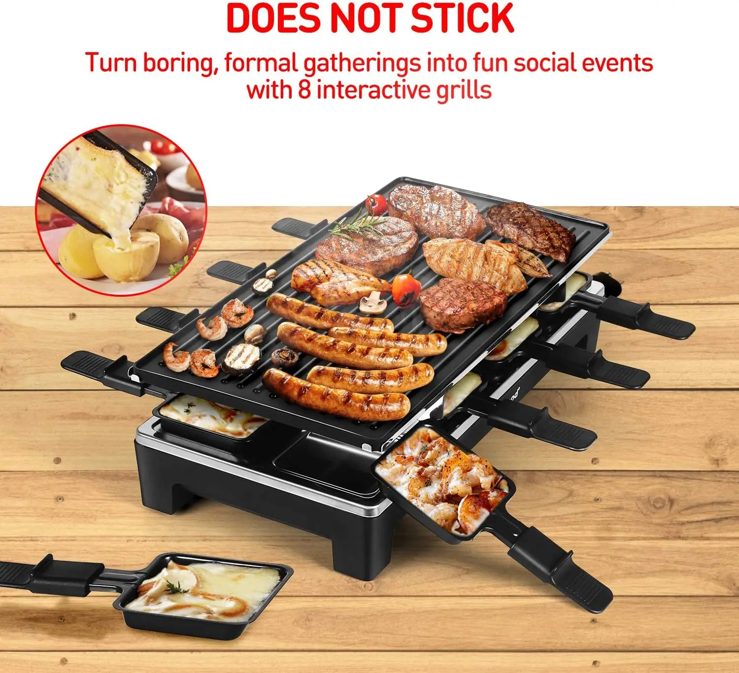 Raclette Table Grill Electric Indoor Grill Korean BBQ Grill,Removable 2-in-1Non-Stick Grill Plate Fast Heating 8Cheese Melt Pans 2