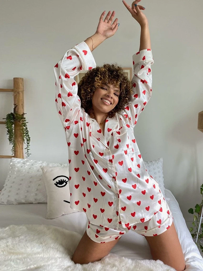 Marthaqiqi Casual Printing Women'S Nightwear Suit Turn-Down Collar Sleepwear Long Sleeve Nightgowns Shorts Ladies Home Clothes
