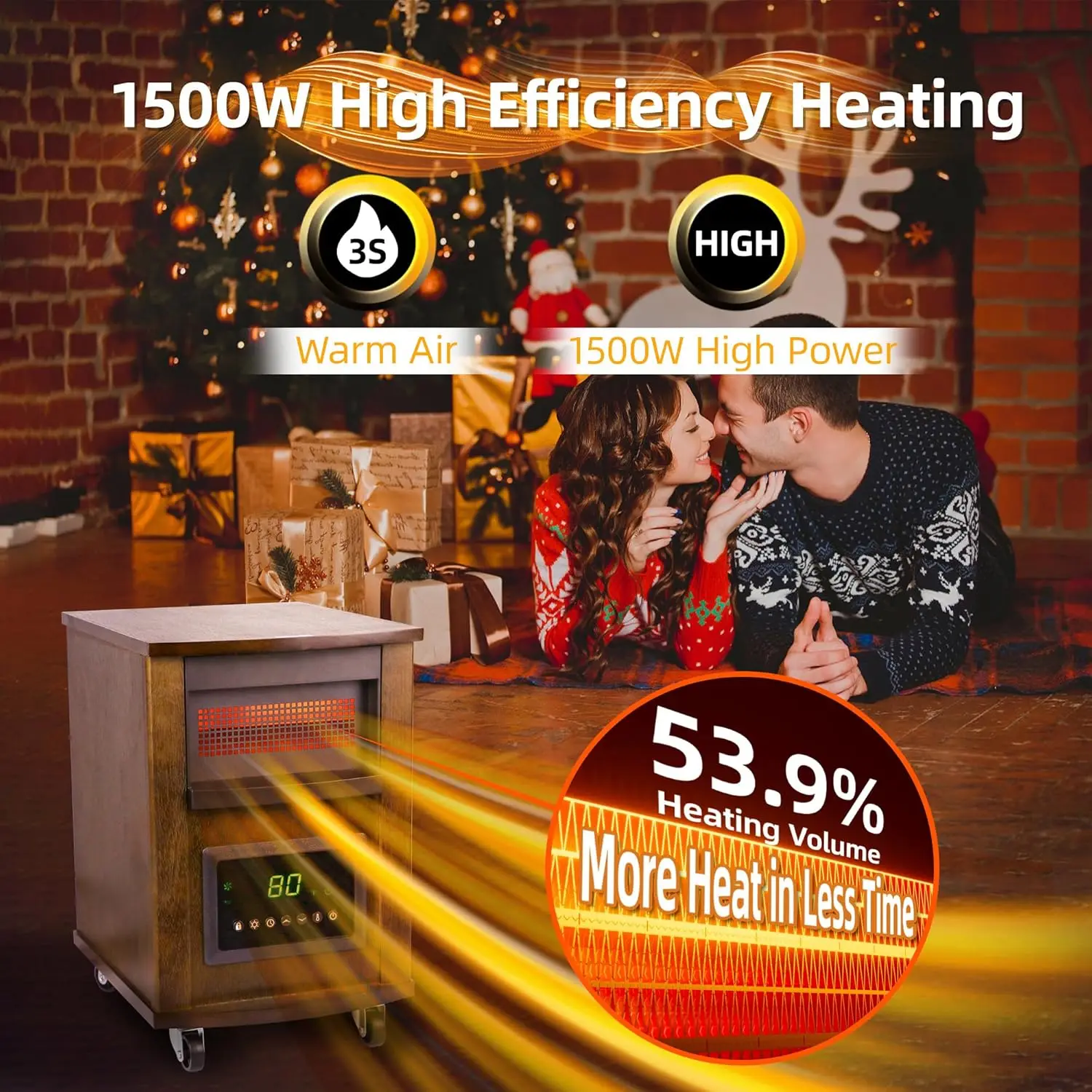 1500W Space Infrared Heaters for Indoor Use Large room Electric Quartz Heater with Remote Control Wheels LCD Display 3 Heating