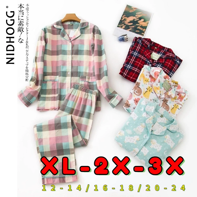 Long Sleeve Pajamas for Women 100% Cotton Plaid Red Sleepwear Lapel Casual Print Set 2 Piece Plus Size Pijamas Home Clothes women pajamas set,cotton pajamas set