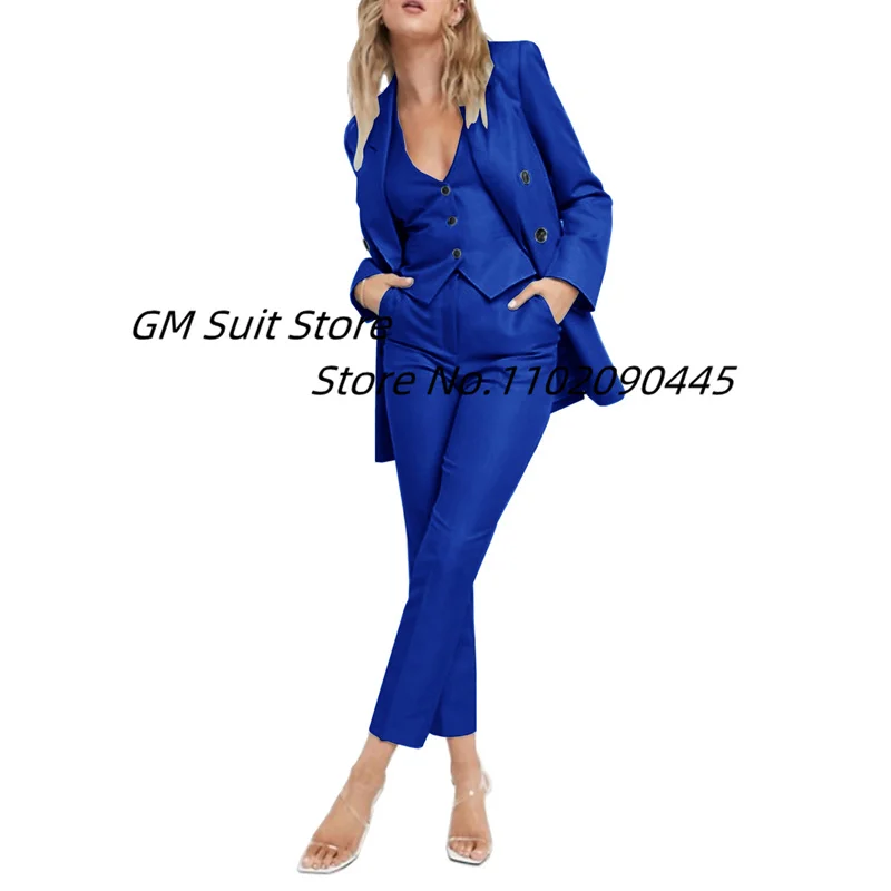 Women's Double Breasted Blazer Slim Fit Solid Color 3 Piece Suits Office Lady Jackets Vest Pant костюм женский