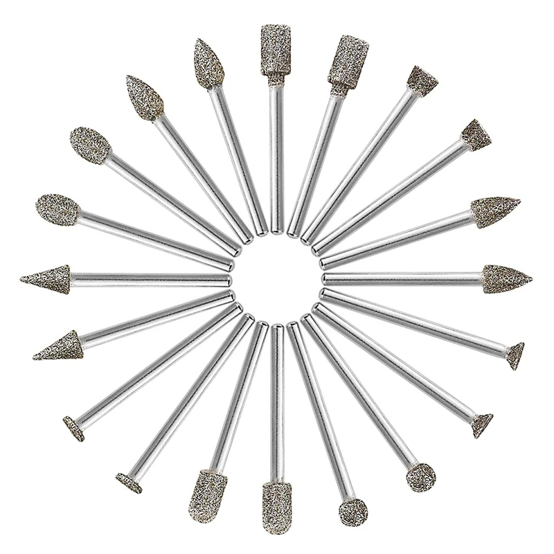 

20Pcs Diamond Burr Set Rotary Grinding Burrs Drill Bits Set With 1/8-Inch Shank, Stone Carving Accessories
