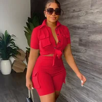 Streetwear Two Piece Set for Women Summer Outfits Pockets Short Sleeve Button-Up Shirt Top Short Sets Party Club Matching Sets - Image 3