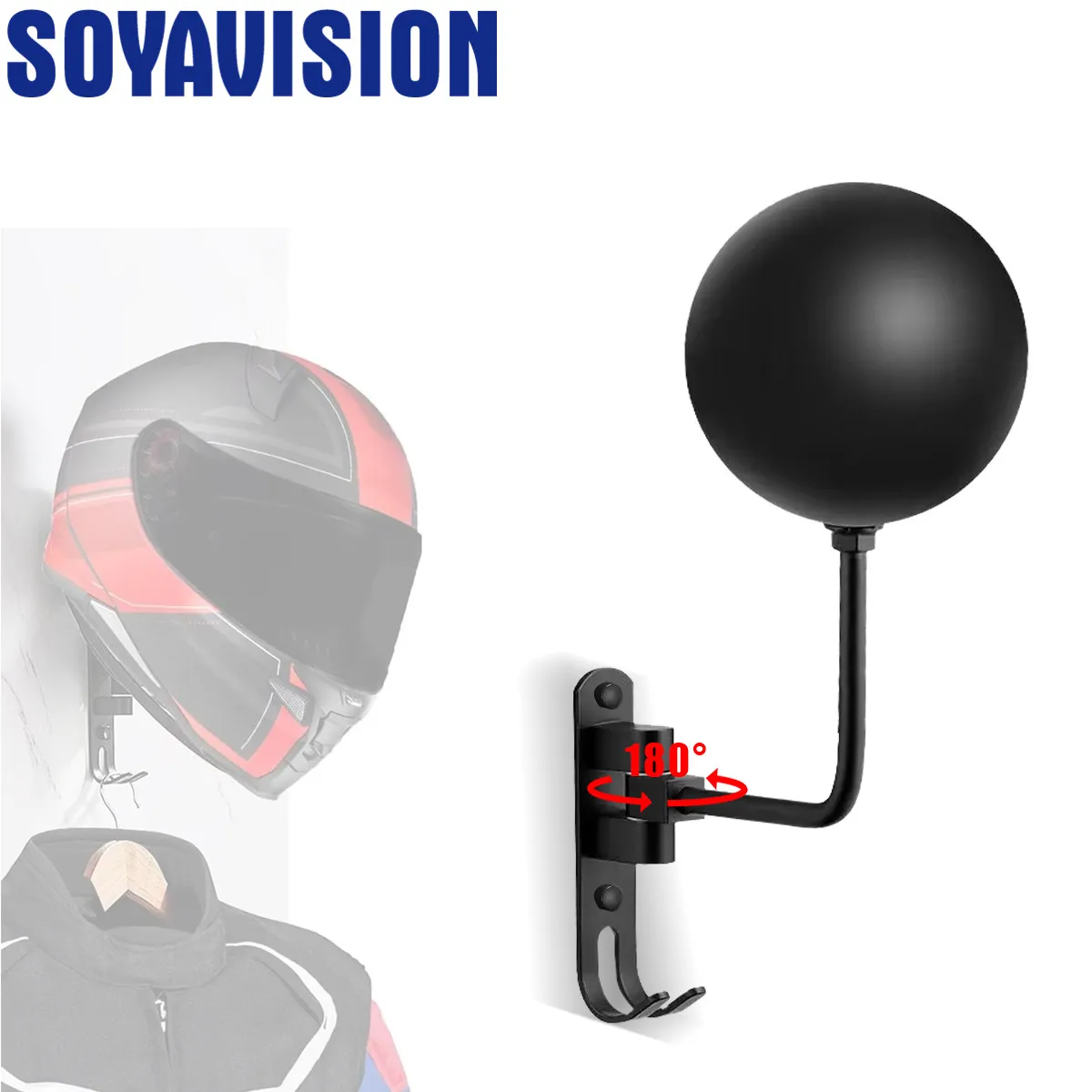 180&deg; Rotation Motorcycle Helmet Rack Wall Mount with Hooks Metal Bicycle Helmet Display Hanger Stand for Coats Caps Rugby motorcycle helmet holder