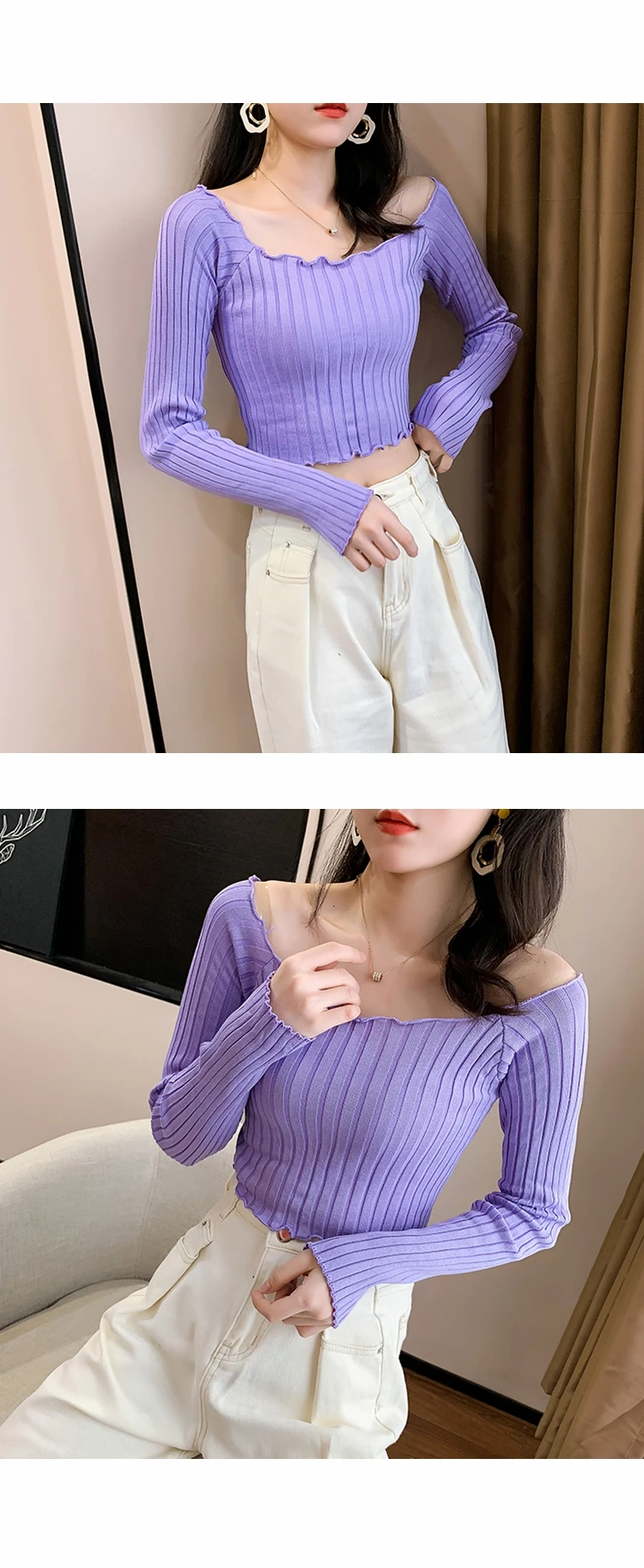 cropped sweater Autumn Long Sleeve Sweater Women crop top spring Pullovers Solid Knitted Sweater fashion sexy slim Wave Cut Basic Bottoming Tops turtleneck sweater