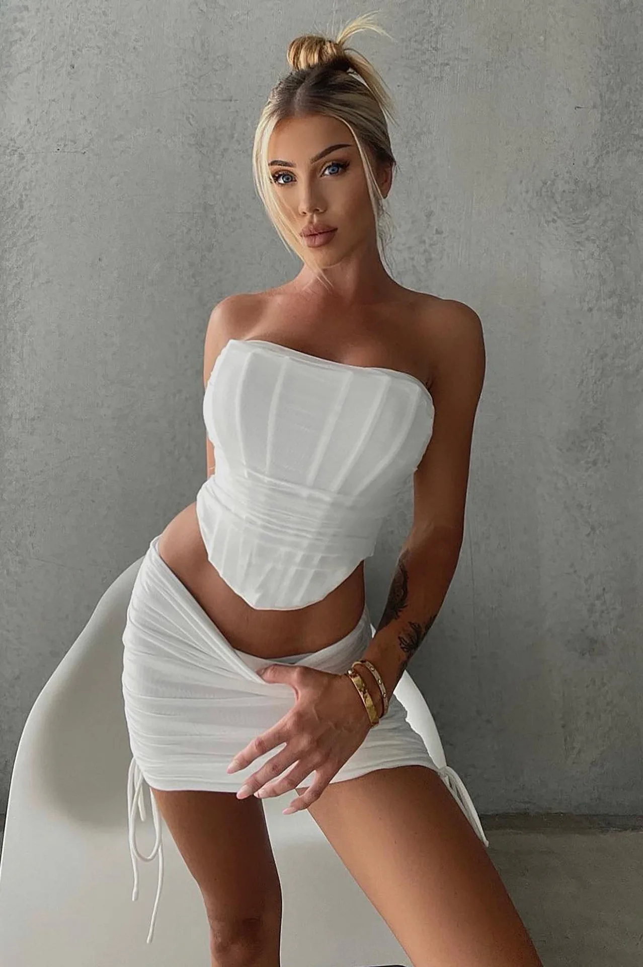 2024 Summer Women's New Arrivals Fashion Bandeau Mesh Double Layer Patchwork Creased Sexy Two-Piece Solid Color Short Skirt Set homecoming mini dress prom bandeau backless zippered white skirt simple four sided stretch soft fabric simple custom prom