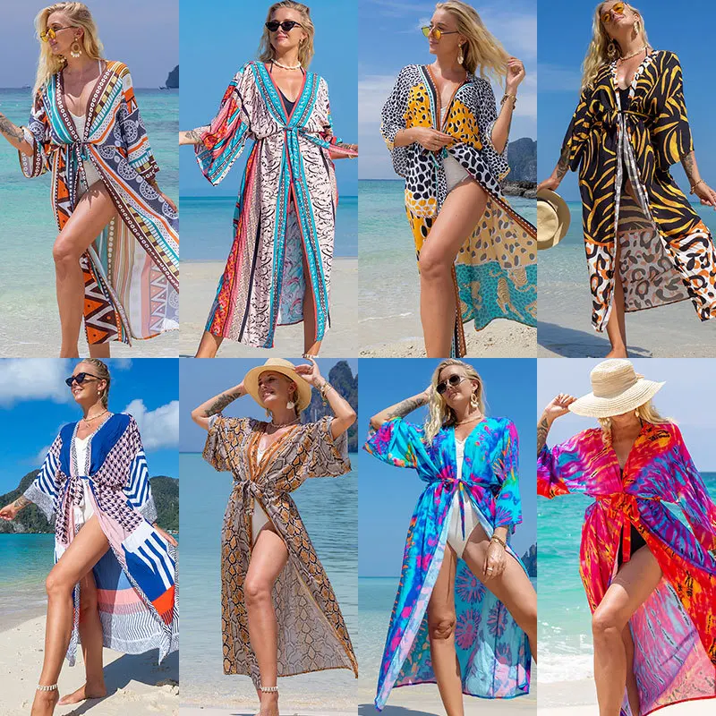 2022 Summer Women's New Rayon Printed Cardigan Beach Blouse Sun Protection Clothing Seaside Holiday Skirt knitted blouse pullover middle sleeve short beach sunscreen seaside resort large loose hollow out beach blouse female clothing