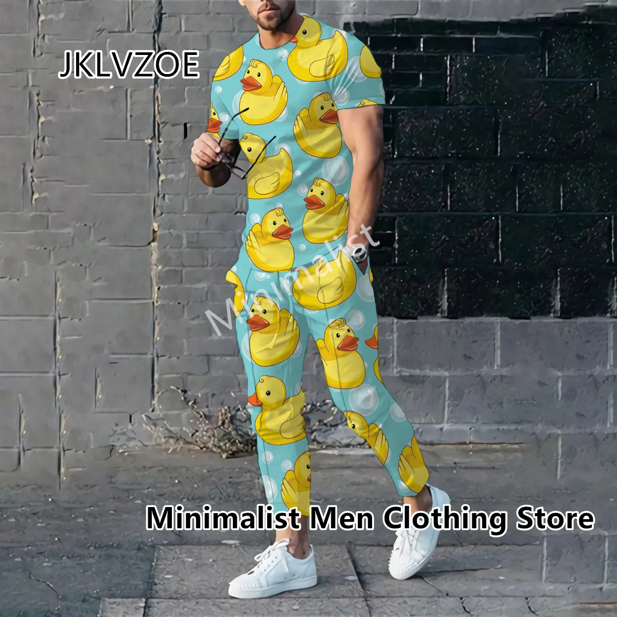 Summer Cartoon Duck 3D Print Tracksuit for Men Set Short Sleeve T Shirt+Long Pants 2 Piece Suit Hawaiian Men Oversized Outfits