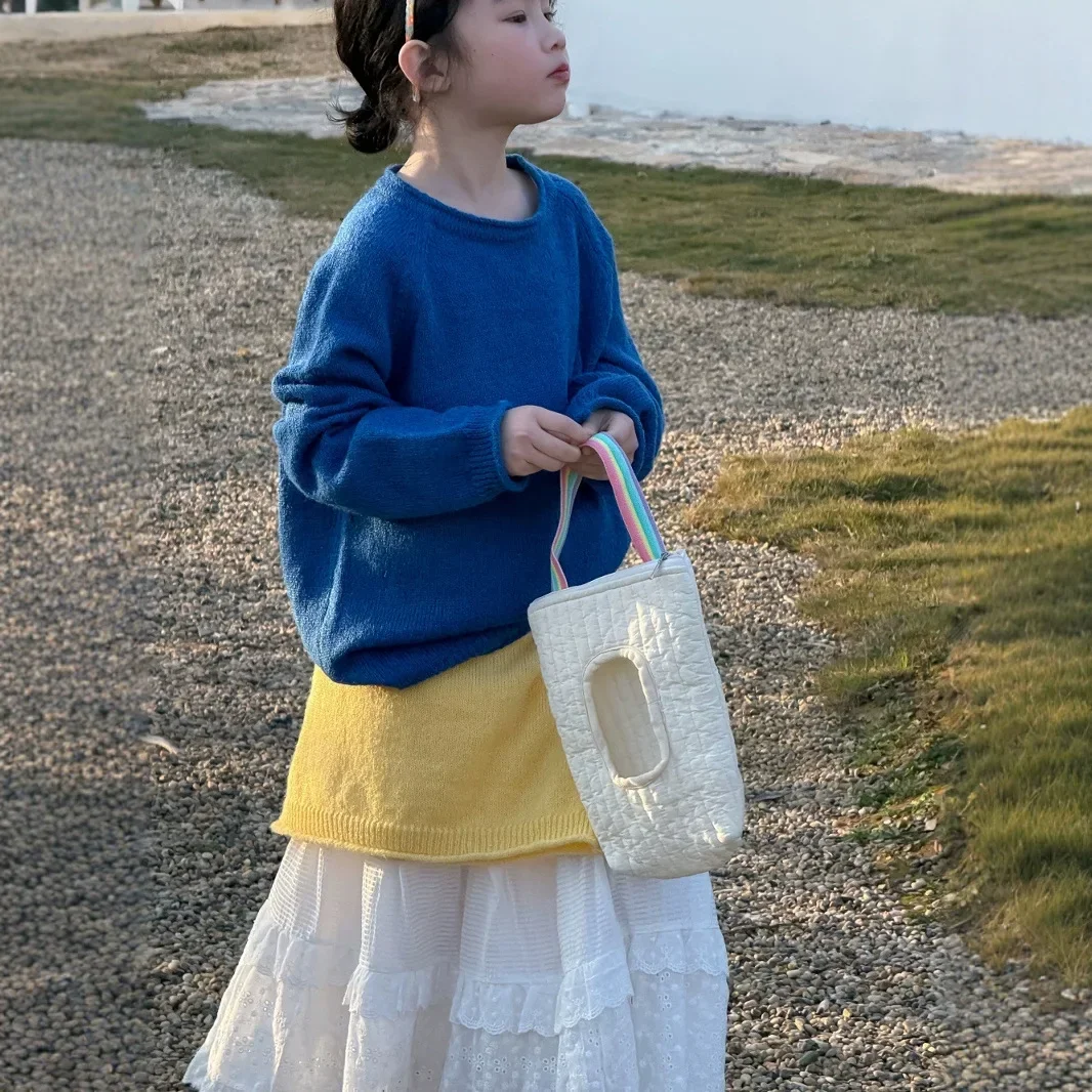 어린이용 라운드 넥 니트 스웨터, 한국 단색, 올매치 패션, 여아 의류, 2025 용수철, 신상