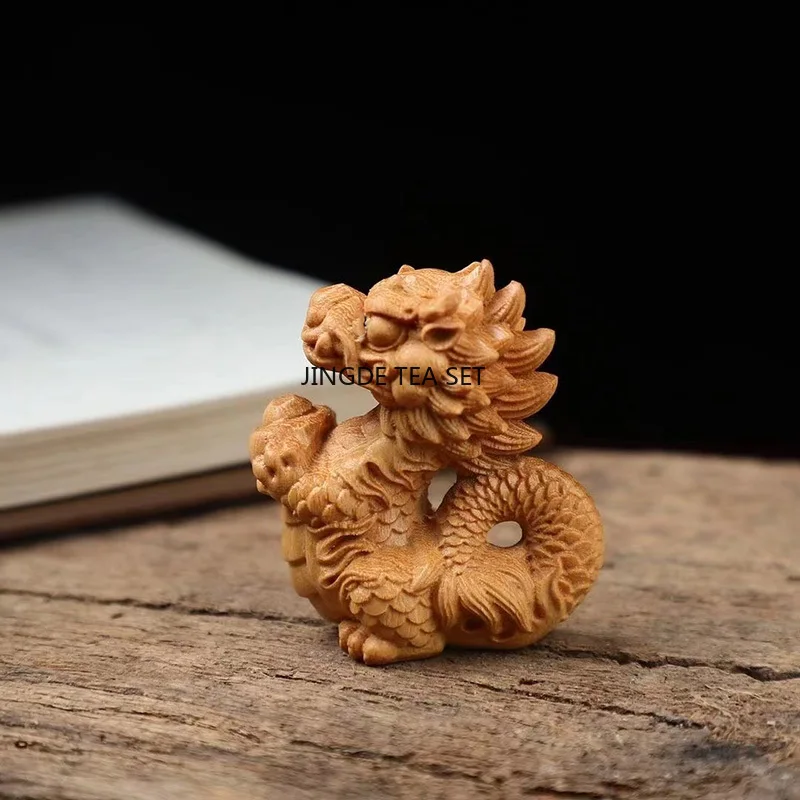 Natural wooden small dragon statue hand carved solid wood cute home mini feng shui decoration