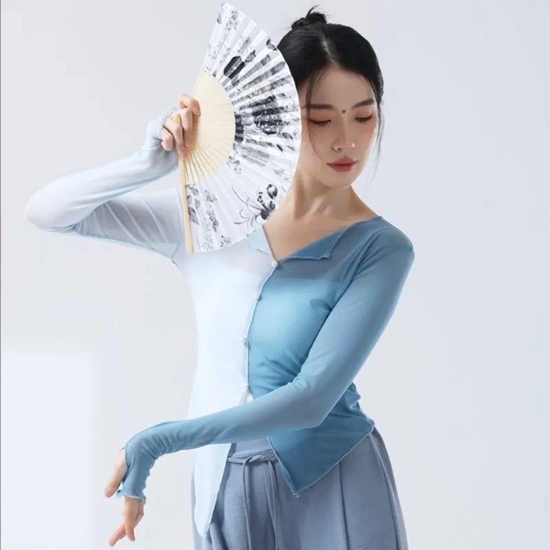 Gauze Dance Practice Clothes Sheer Long Sleeve Tee Shirt Finger Thumb Hole Top Elegant Pearl Buckle Irregularly Flowy Costume