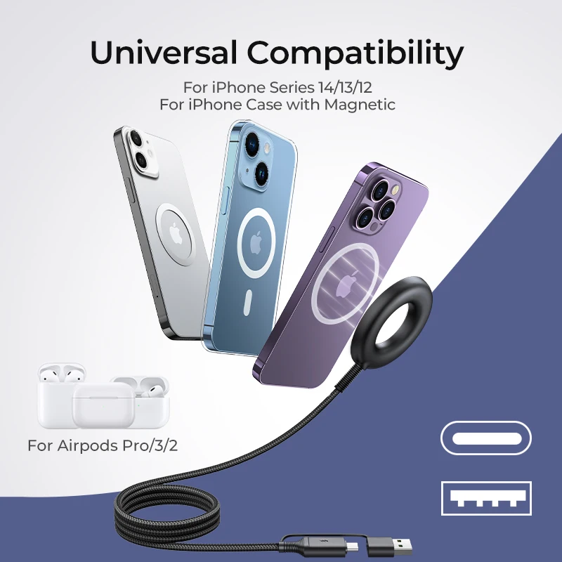 Joyroom 마그네틱 무선 충전기, 최대 15W 고속 무선 충전, 아이폰 15 14 와 호환, USB-A 및 USB-C 충전기로 작동