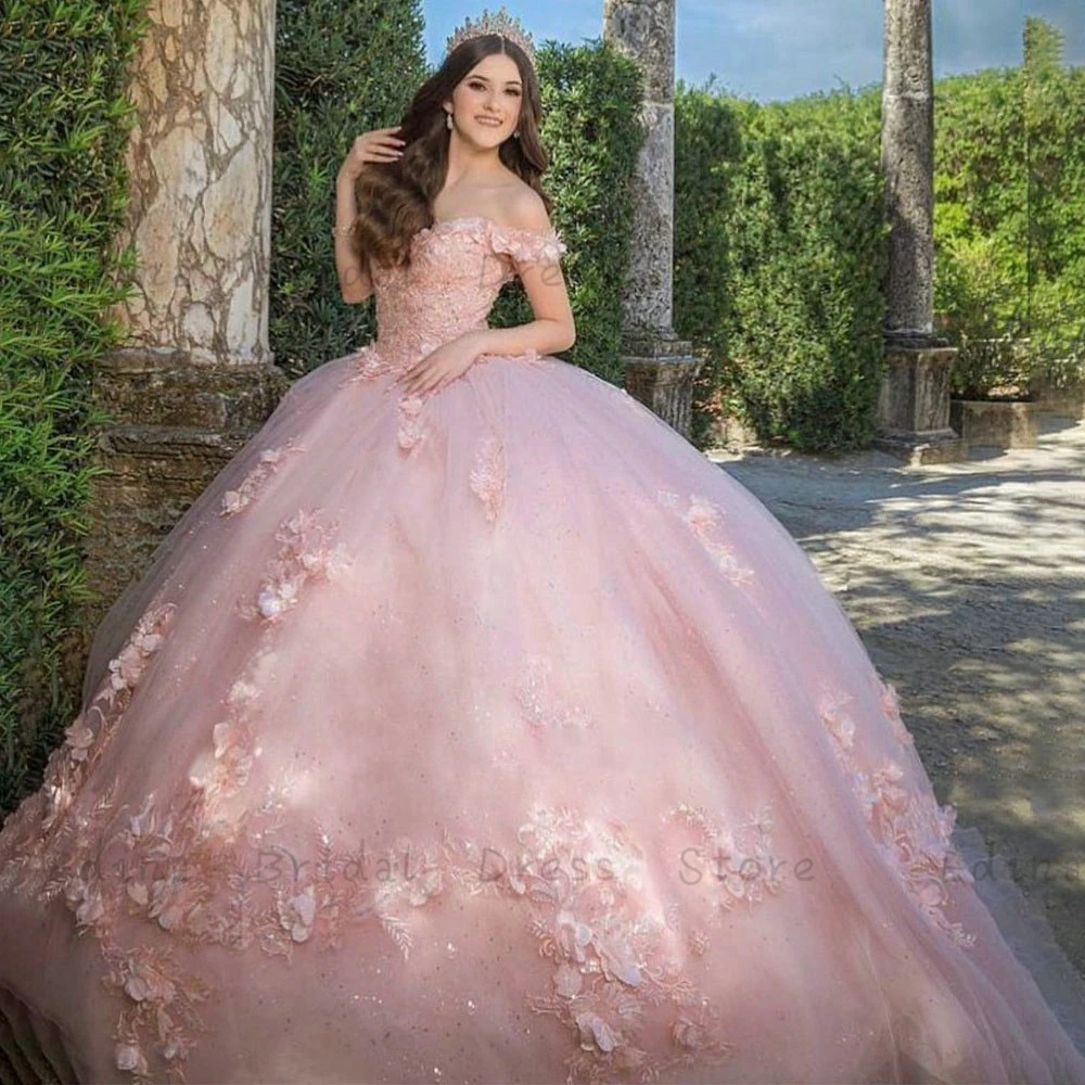 

Princess Style Pink 3D Florals Quinceanera Dresses for Gilrs Floor Length Sequin Tulle Ball Gowns Off Shoulder party dress