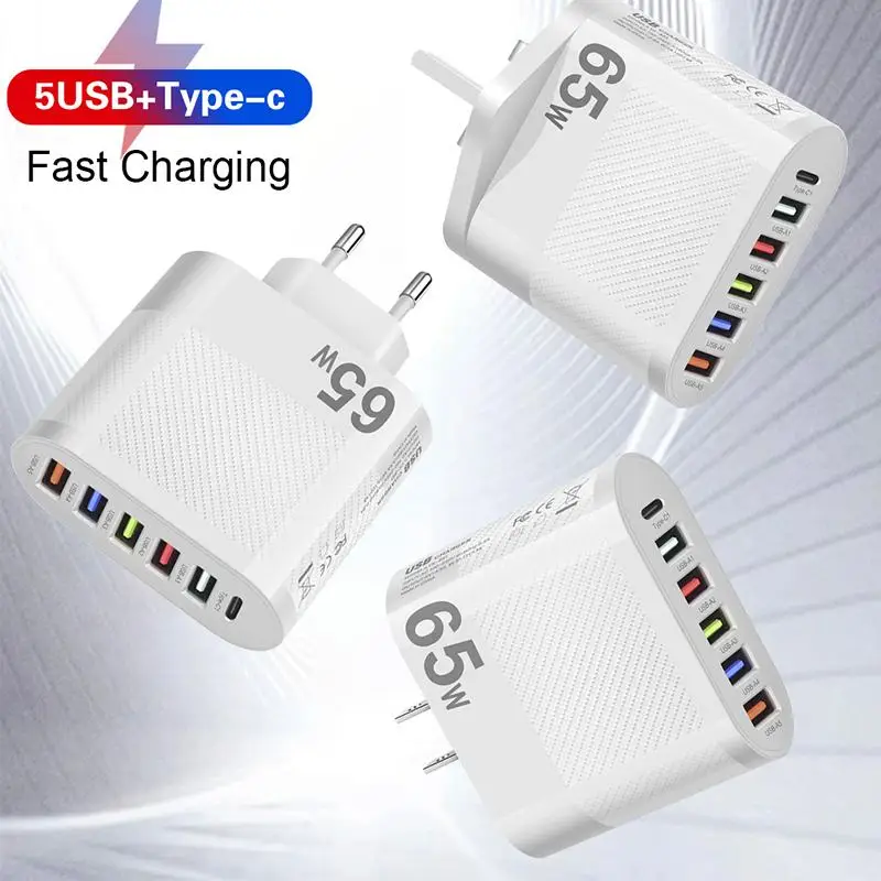 Зарядное устройство USB на 6 USB-портов, 65 Вт, 5 usb-a + Type-C