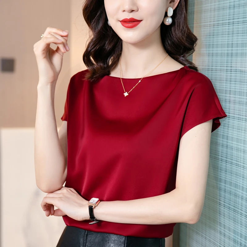

Summer Batwing Short Sleeve Satin Silk Blouse Womens Shirts Fashion Ladies Casual Slim Work Shirt Elegant Basic Tops 2022New