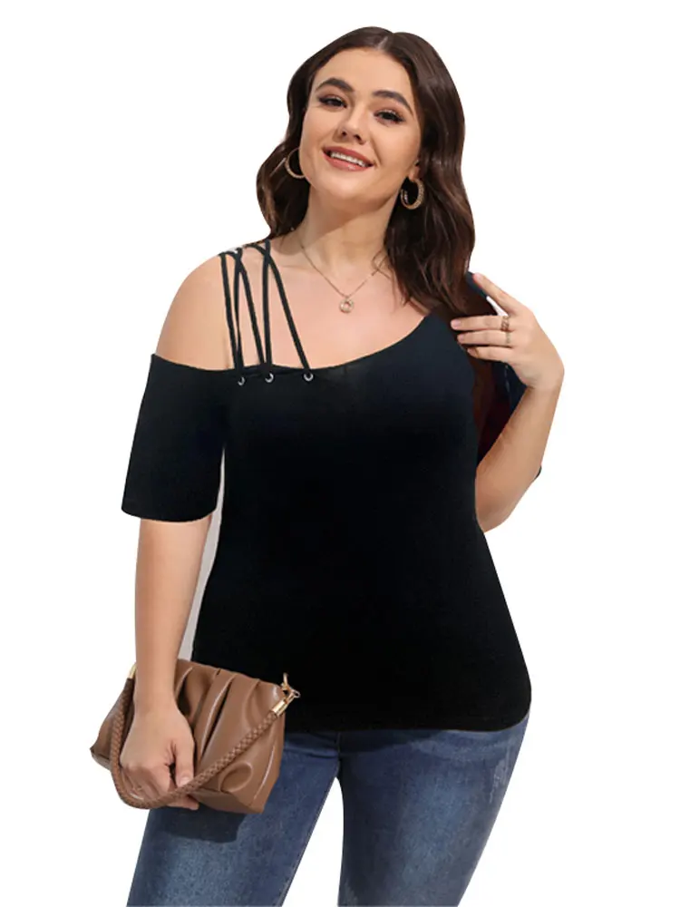 Women's Off Shoulder Polyester T-shirt, Female Clothing with Three Straps, Slash Neck, Monochromatic, Black, Plus Size, L-4XL