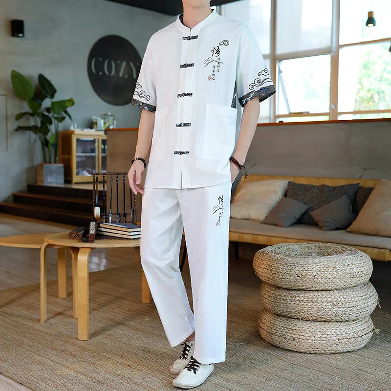 Summer Chinese Style Linen Tang Suit Men Shorts Tai Chi Uniform Retro V-neck Short Sleeve Print Shirt Pants 2 Piece Set 4