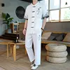 Summer Chinese Style Linen Tang Suit Men Shorts Tai Chi Uniform Retro V-neck Short Sleeve Print Shirt Pants 2 Piece Set 4