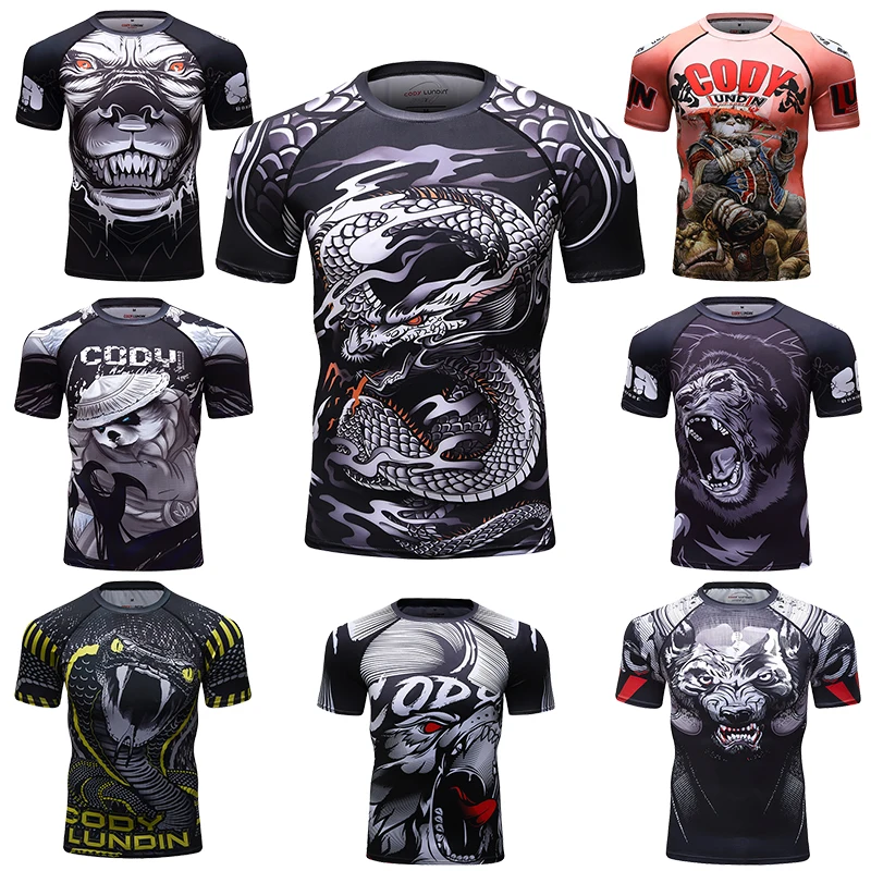 Short Sleeve T Shirt Cody Lundin Pattern Men MMA Rashguard Jiu jitsu gi T-shirts Moisture wicking Exercise Cycling Running Tops Stretch