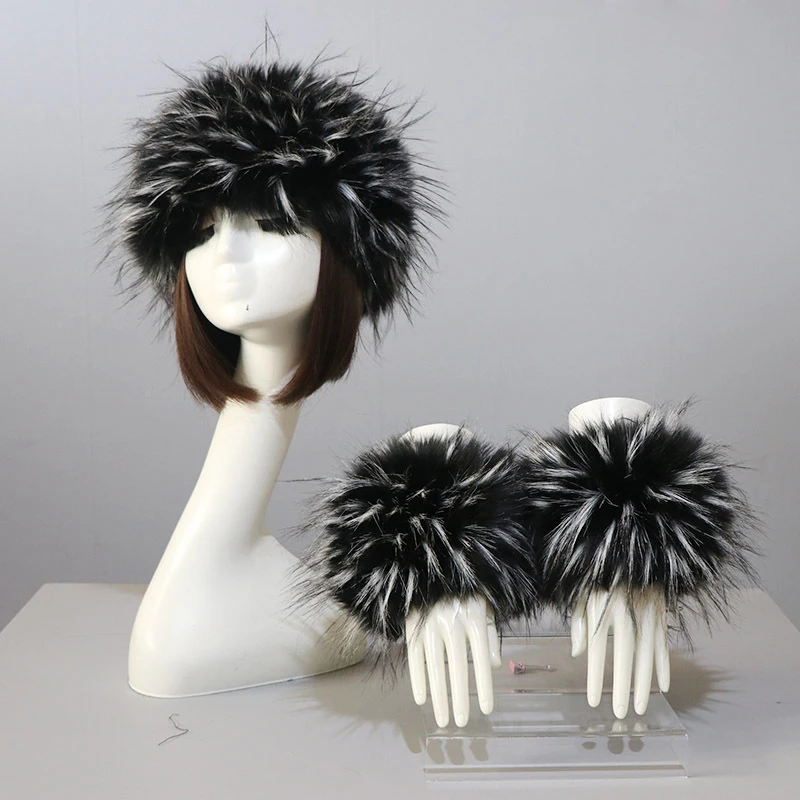 Winter Faux Fur Headband And Cuffs Set For Women Furry Warm Wrist Sleeve Gloves And Empty Top Cap Female Russian Style Decor