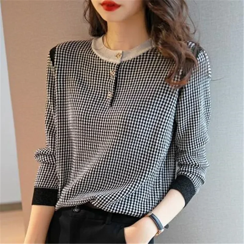 

Autumn Winter New Vintage Houndstooth Print Simple Sweater Lady Elegant Fashion Korean Style Pullover All-match Casual Top Women