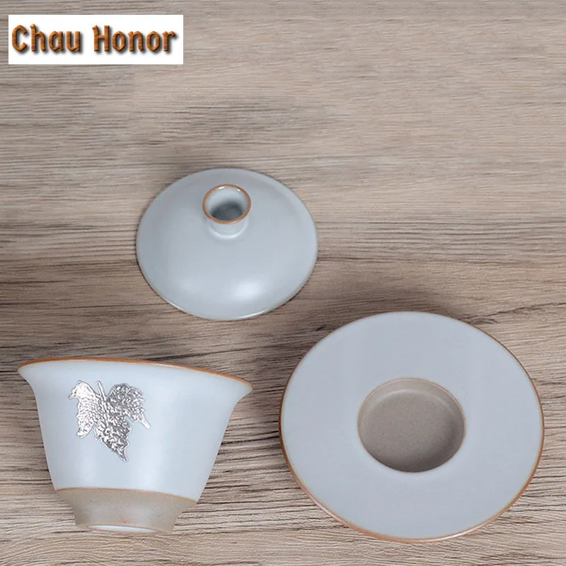 150ml Ru Kiln Tin Inlaid Maple Leaf Handmade Cover Bowl Cicada Wing Open Piece Moon White Tea Tureen Raise Tea Brewing Teaset