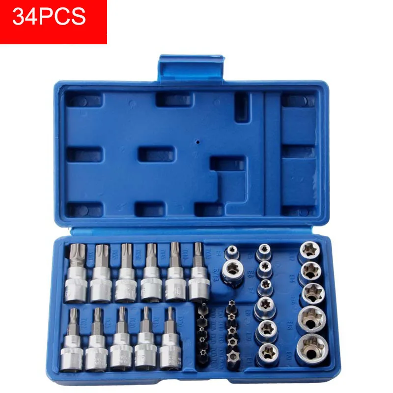 

B50 34Pcs Torx Star Sockets & Bit Set E-Security Bits Drive Handheld Tool Torque Star Socket Automotive Repair Combination Set